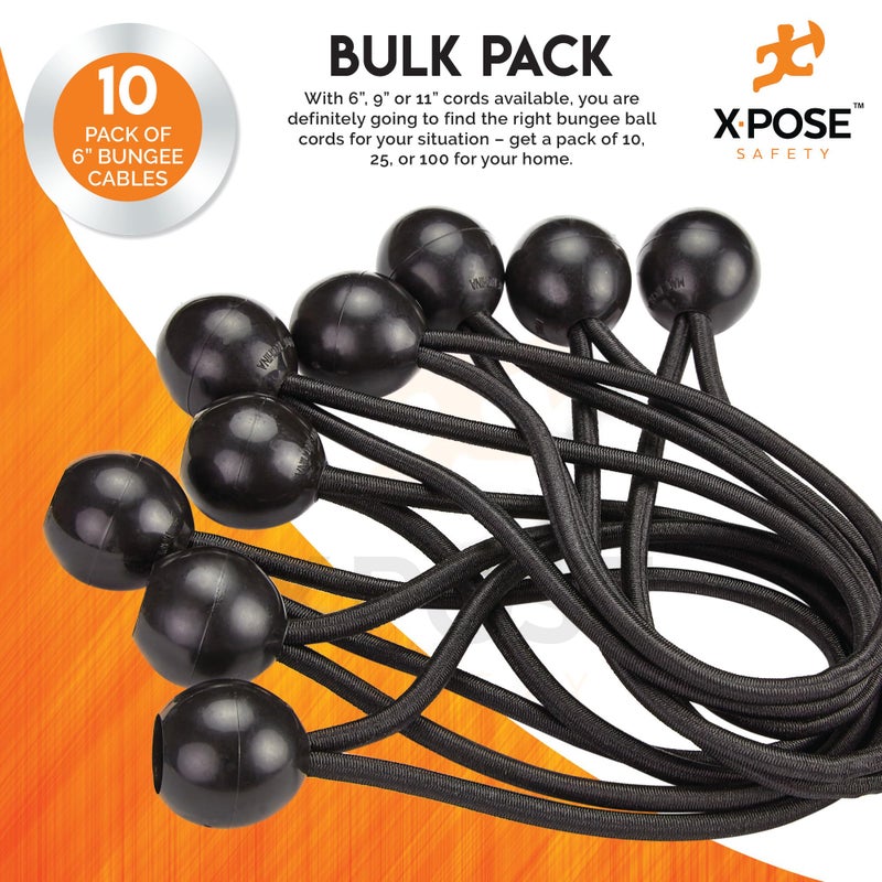Xpose Safety Bungee Ball Cords 6" 10 Pack Heavy Duty Black Stretch Rope with Ball Ties for Canopies, Tarps, Walls, Cable Organization - Image 5